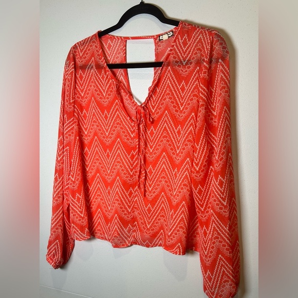 Eyeshadow Orange and White Geometric  Print Sheer Blouse. Whimsigoth. Chevron. - Picture 1 of 7